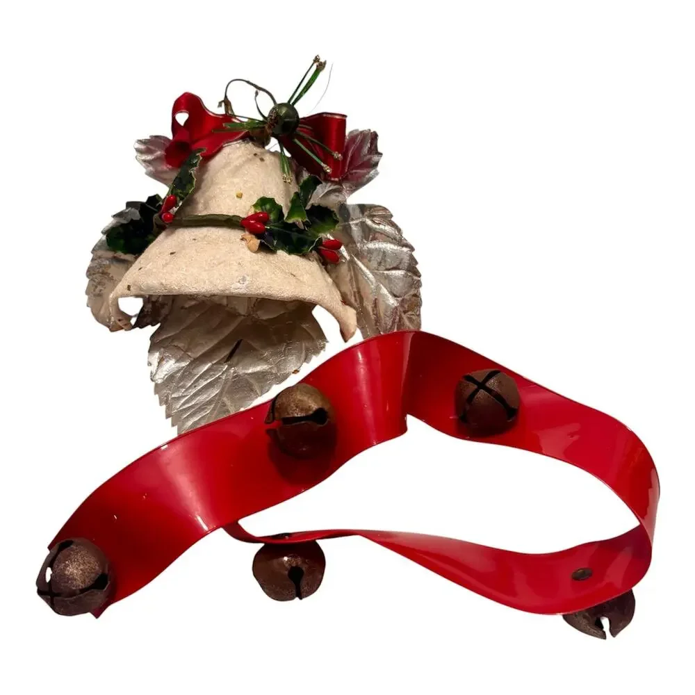 Vintage Paper Mache Christmas Jingle Bell Door Hanger, 21” MCM Celluloid Ribbon